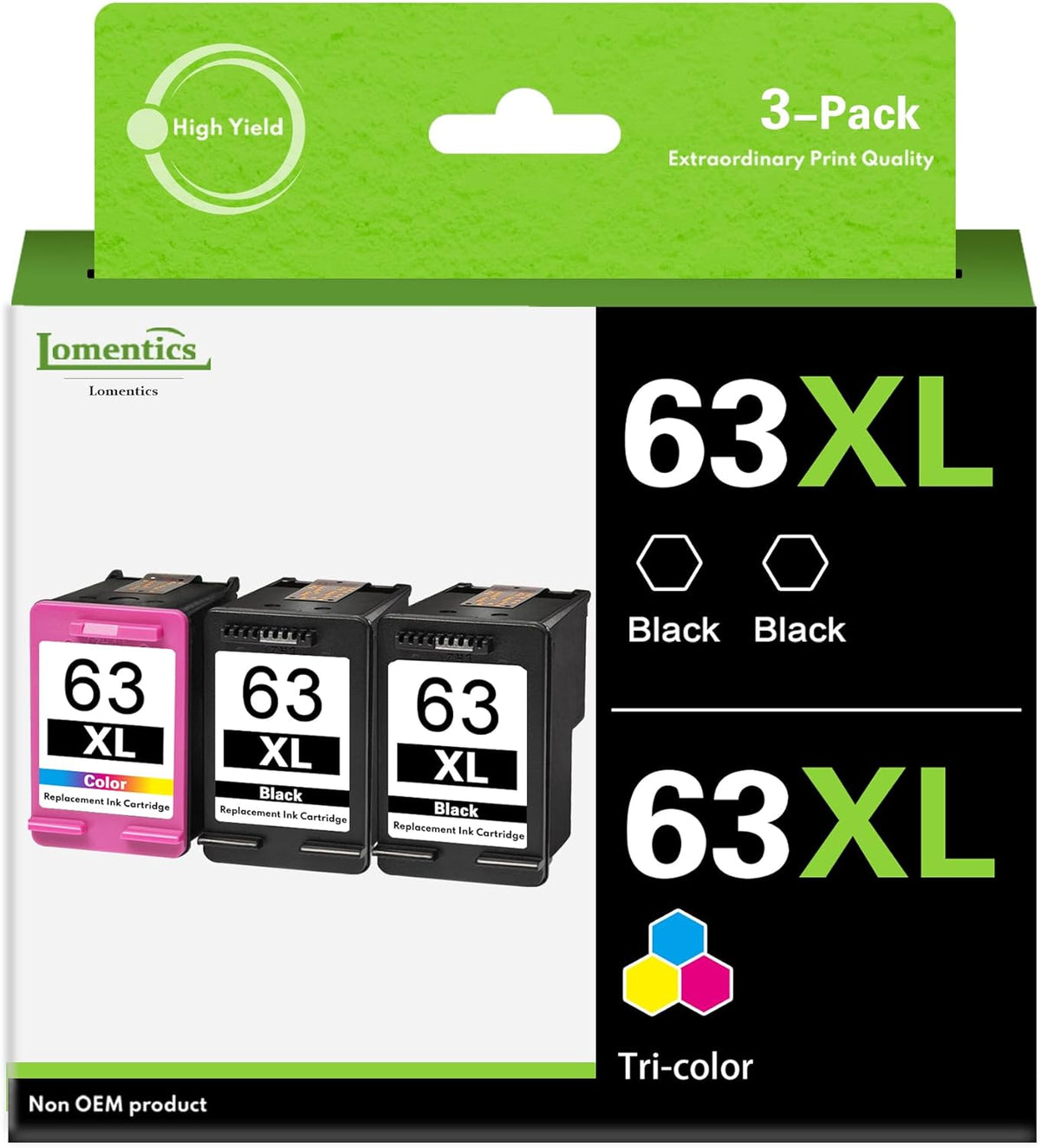 63XL Ink Cartridge Combo Pack (3 Pack, 2Black/1Tricolor) -Lomenti Compatible Ink Cartridges Replacement for HP 63XL Ink Cartridge for Envy 4520 4512 OfficeJet 3830 5258 DeskJet 1112 Printer