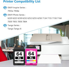 64XL High Yeld Ink Cartridges - 2-Pack (Black/Tri-Color) Compatible Replacement for HP Envy Inspire 7958e, Envy Inspire 7955e, 6255 6258 7134 7155 7158, Tango Smart Wireless Printer