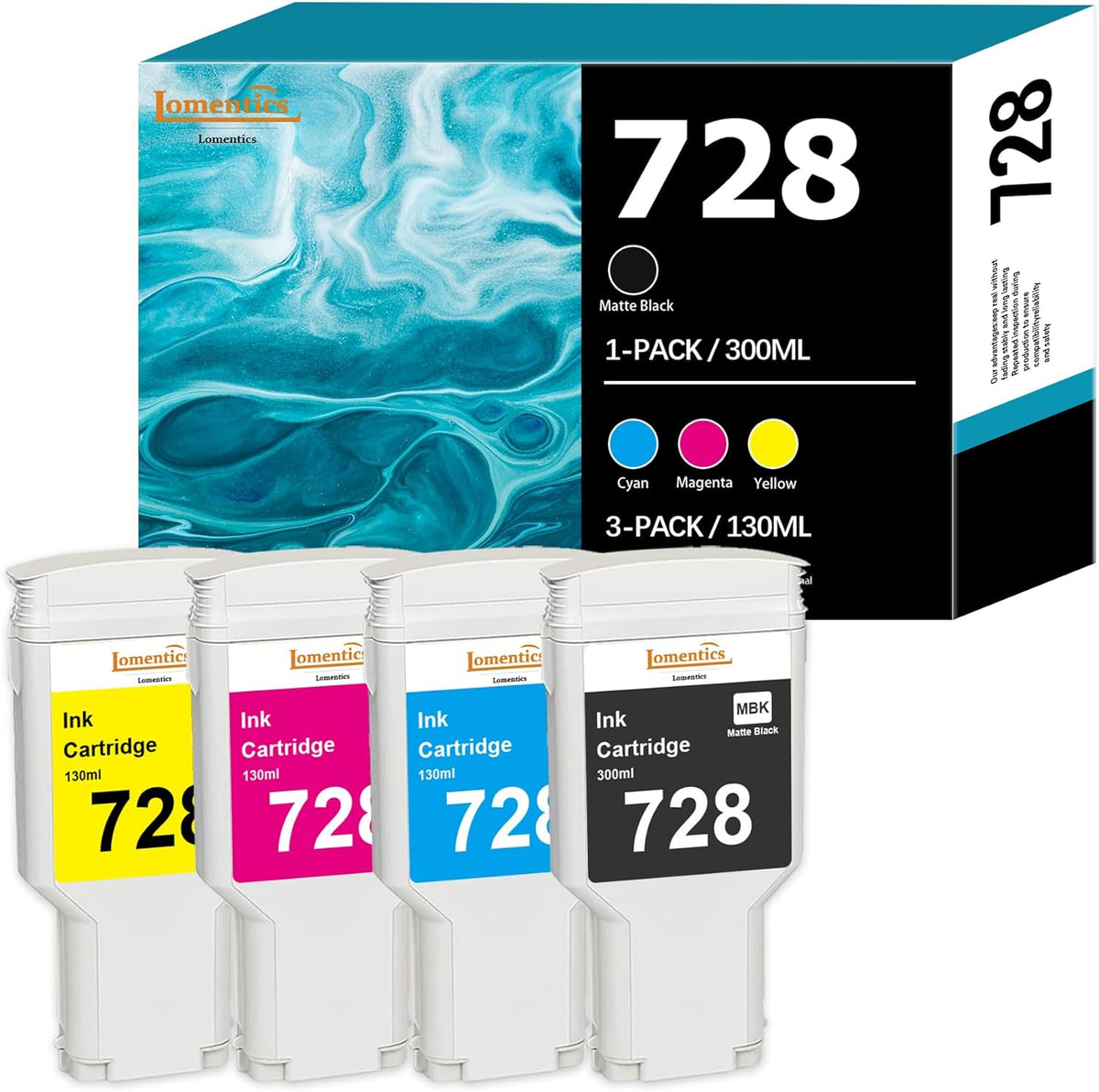 728 Ink Cartridges 4-Pack (300-ml Matte Black / 130-ml Cyan/Magenta/Yellow) - Lomenti Compatible Ink Cartridge Replacement for HP DesignJet T830 MFP & T730 Large Format Plotter Printer