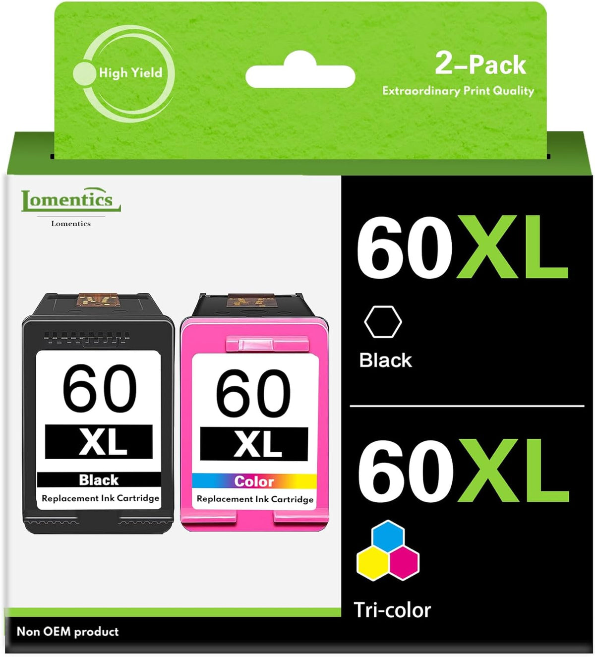 60XL Ink Cartridge Combo Pack (2 Pack,1Black/1Tricolor) -LOMENTI Compatible Ink Cartridges Replacement for HP 60XL Ink Cartridge for Deskjet F4480 F4580 D2530 photoSmart C4795 D110a Printer